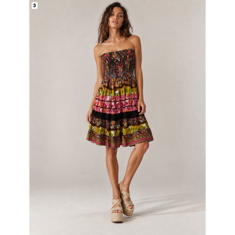 Y2K She's Cool Strapless Dress Hippie Boho Paisley Tiered Crochet Lace XS Small